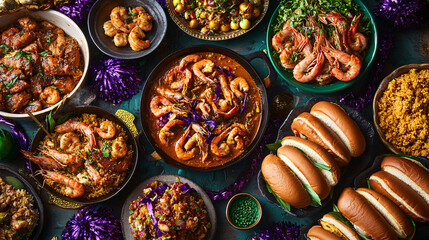 colorful cajun mardi gras food spread with seafood and rolls