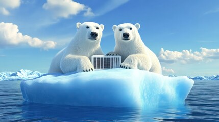 Polar bears on iceberg with air conditioner arctic ocean digital art bright environment aerial view climate change awareness