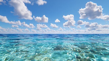 Obraz premium Vast ocean under a bright blue sky with fluffy white clouds.