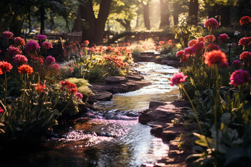 A tranquil oasis of nature beauty, where a meandering brook dances through a abundant woodland adorned with vibrant blossoms, basking in ethereal glow of gentle rays