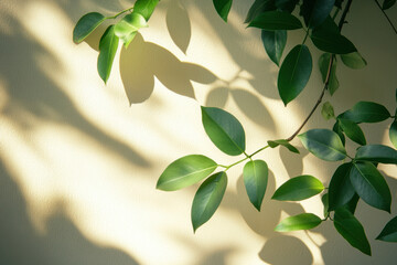 Plant with vibrant green leaves, bathed in sunlight against a white wall, casting delicate shadows on the surface.