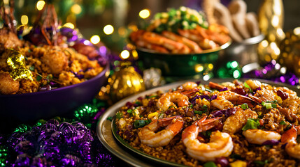 colorful mardi gras feast with shrimp and jambalaya