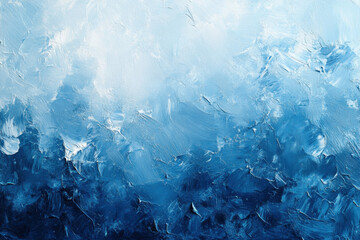 Blue abstract painting with bold geometric shapes in shades of navy, turquoise, and white. Dynamic composition creates a sense of movement and depth.