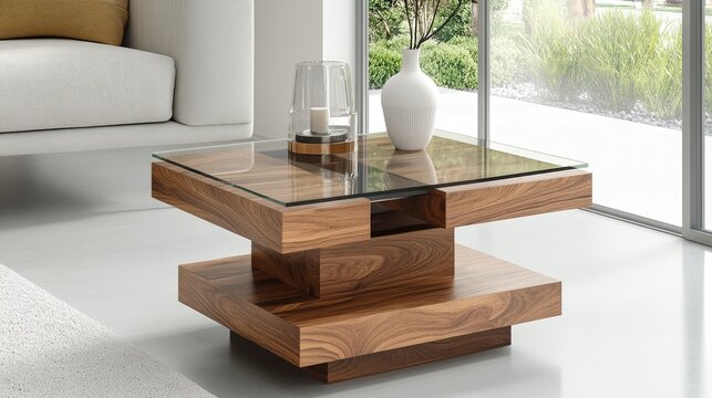 A small space-saving coffee table with a minimalist design and a sliding glass top