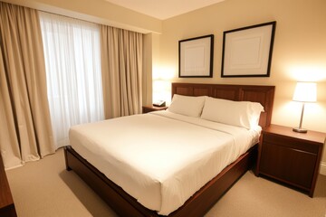 A neatly made bed in a well lit bedroom with framed art