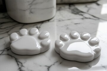 Elegant White Ceramic Paw Print Coasters on Marble Surface