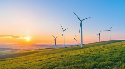 Obraz premium A row of wind turbines standing tall against a sunset sky, with green fields stretching to the horizon.