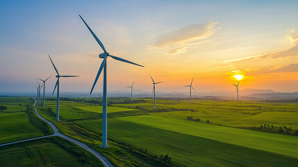 A row of wind turbines standing tall against a sunset sky, with green fields stretching to the horizon.