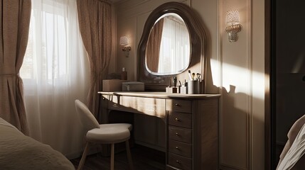 A stylish and comfortable dressing area with a uniquely designed dressing table for modern interiors