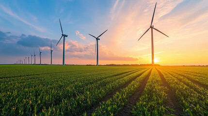 A row of wind turbines standing tall against a sunset sky, with green fields stretching to the horizon.
