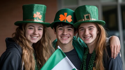 Three teenagers wearing leprechaun hats celebrate St Patricks Day