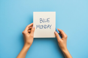 Hands holding a paper with Blue Monday text on light blue background with a blue pen