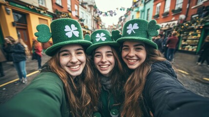 Three girls smiling in green shamrock hats