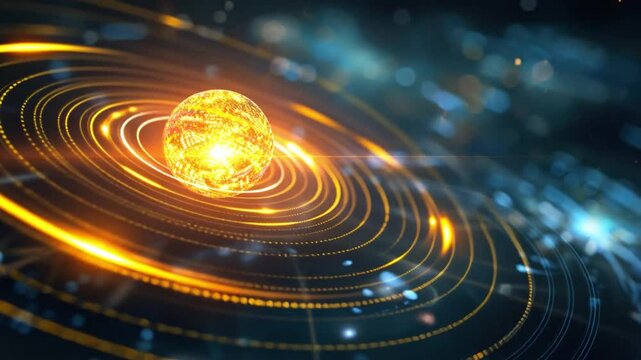 Glowing Sun Sphere Radiates Energy Surrounded by Cosmic Rings and Light, Evoking Wonder in Vastness of Space and Celestial Beauty.