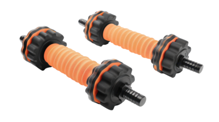 Orange and black dumbbells isolated on transparent background for fitness training