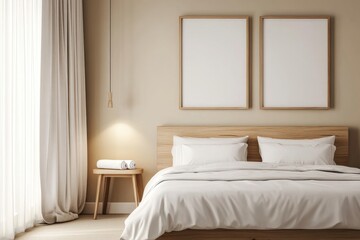 A modern bedroom features a bed with white bedding and framed art