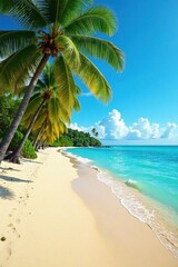 Obraz premium Palm tree-lined beach with warm sandy shore and turquoise ocean , sunset, sea, turquoise