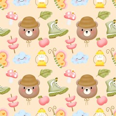 Camping Teddy Bear Seamless Pattern