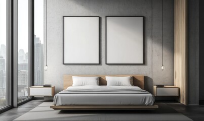 Fototapeta premium Modern bedroom interior with bed and blank frames on the wall