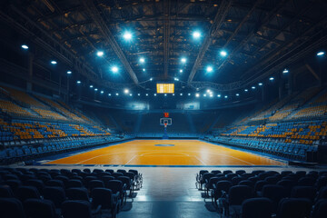 Players in a heated game on a basketball court under bright stadium lights, with jerseys of blue and white teams visible.