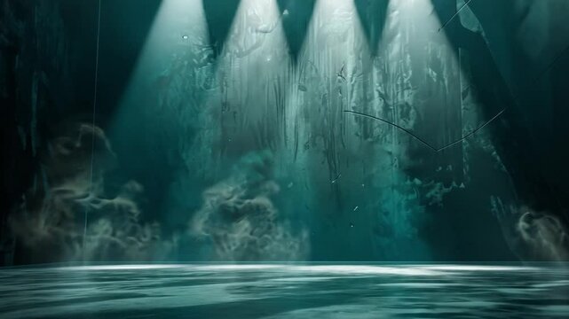 Serene and atmospheric scene with dimly lit space, illuminated by soft glowing lights on textured surfaces, creating calm ambiance filled with mystery and interplay of light and shadows.