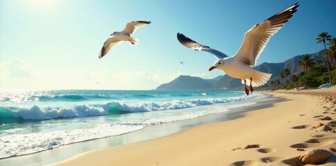 Fototapeta premium Seagulls soaring above sandy beach, sky, ocean, waves