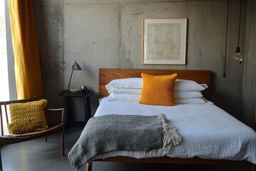 A modern bedroom showcasing simple furniture and minimalist design elements