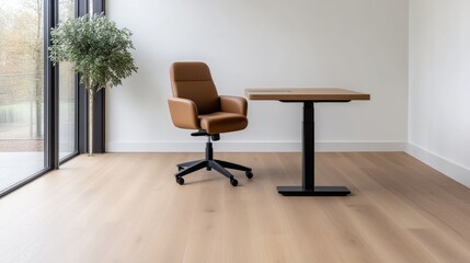 Modern home office setup with a comfortable chair and adjustable desk.  Spacious room with natural light