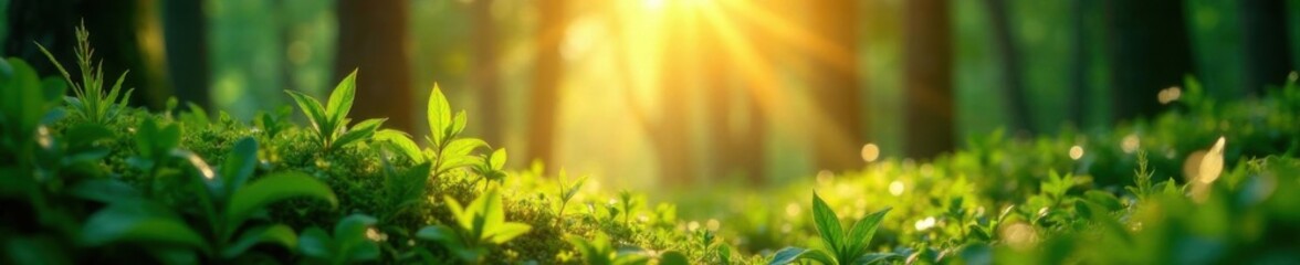 Radiant sunshine illuminates lush forest, highlighting vibrant greenery and sparkling dew drops,  nature,  dew,  sunlight