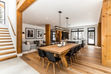 Fototapeta premium Elegant modern farmhouse dining room with chevron wood accents, rustic oak table, black chairs, large chandelier, and snow-covered views outside.