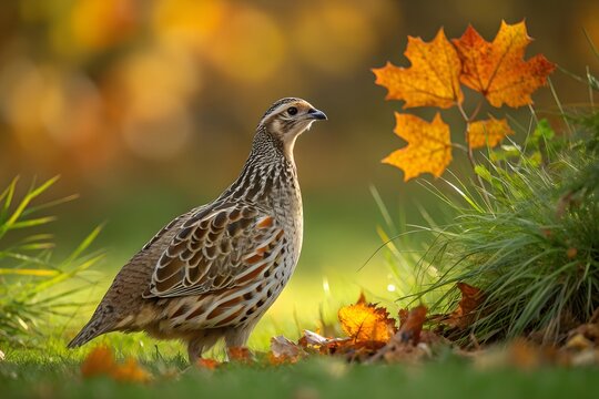 Codornices bird standing on green grass, golden sunlight shining on feathers