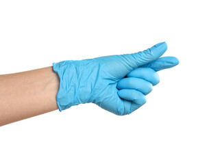 Doctor in medical glove holding something on white background, closeup
