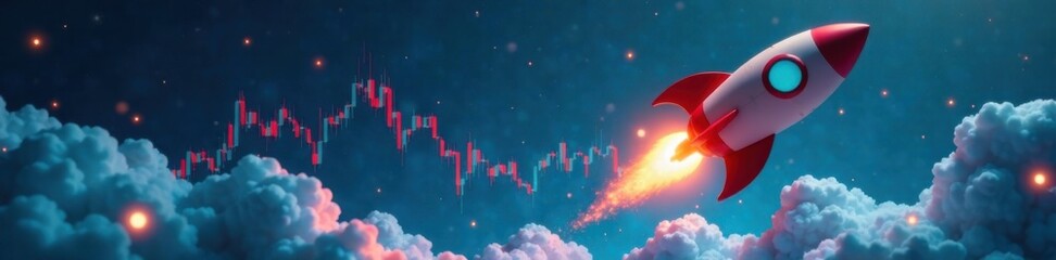 Fototapeta premium Rocket taking off with financial chart rising fast on blue background, finance, innovation