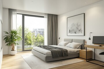 Modern bedroom design with a large window overlooking a garden