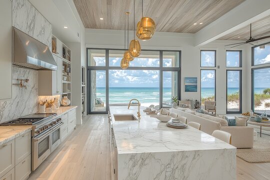 
Coastal style kitchen island with white marble and gold accents, overlooking an oceanfront living room with beach views and modern furniture.