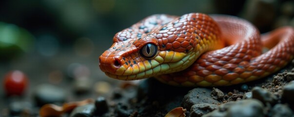 Fototapeta premium Scaled serpent gazing forward with narrow eyes, wildlife, facial expression, reptile