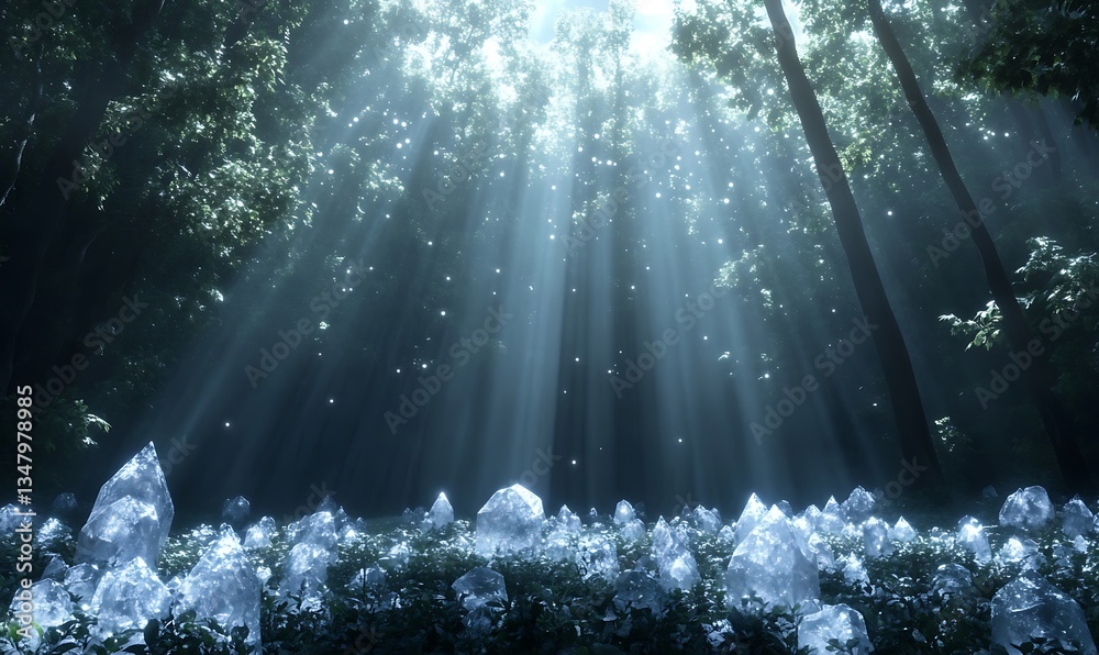 Aufkleber A mystical forest scene with sunlight filtering through trees, illuminating sparkling crystals scattered across the ground.