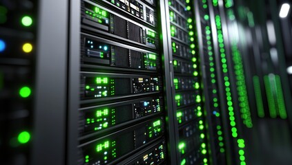 High-Tech Data Center: Server Racks and Green Lights