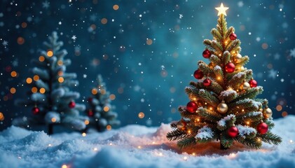 Snowy Christmas tree with ornaments and garland, fir cones, evergreen branches, evergreen trees