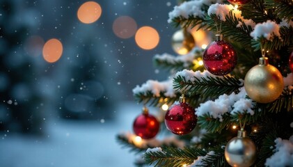 Obraz premium Snowy Christmas tree with ornaments and lights, winter wonderland, twinkling lights,