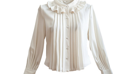 Elegant white ruffle neck pleated blouse isolated on transparent background