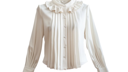 Elegant white ruffle neck pleated blouse isolated on transparent background