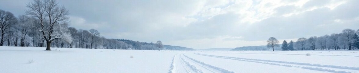 Fototapeta premium Snowy landscape with vast open space and bare trees, landscape, tree, panoramic