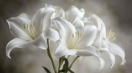 Fototapeta premium Beautiful white lilies are blooming with soft delicate petals and stems