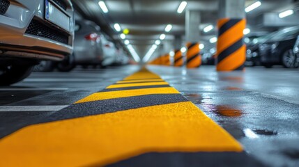 Underground Parking Garage: A Low-Angle View of Safety Stripes and Parked Cars