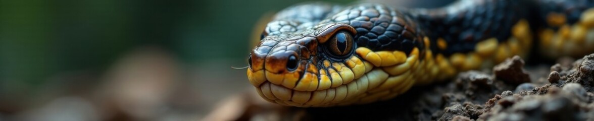 Fototapeta premium Snake's face in close-up, focusing on sharp fangs, with a slight upward turn of the head , close up, wildlife, snake species
