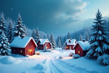 Naklejka premium Snow-covered Christmas village with houses and trees, trees, decoration