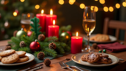 A festive Christmas table with cookies, punch, and decorations. Garlands and lights create a cozy and warm setup for holiday celebrations.