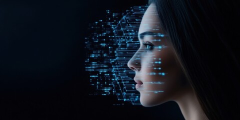 A futuristic digital representation of a woman's profile amidst data streams, symbolizing the intersection of technology and identity