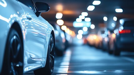 Naklejka premium Night Parking Garage: Gleaming Car in Urban Setting